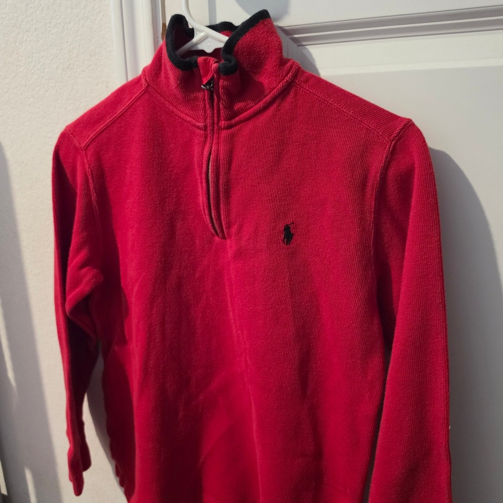 Polo Ralph Lauren Boys Red Quarter Zip Pullover Sweater Size M 10-12 Cotton Pony
